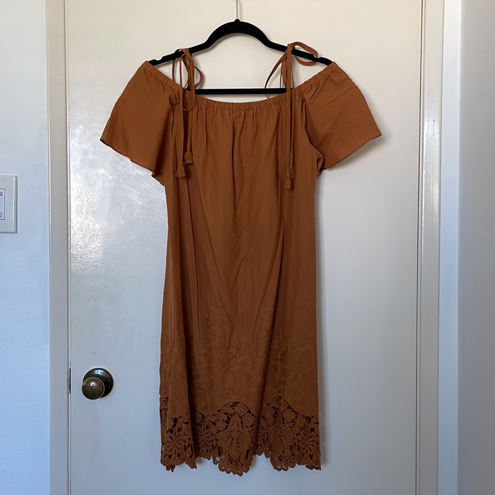 Madewell women’s Off the shoulder dress with crochet trim in burnt orange size M - Picture 7 of 9